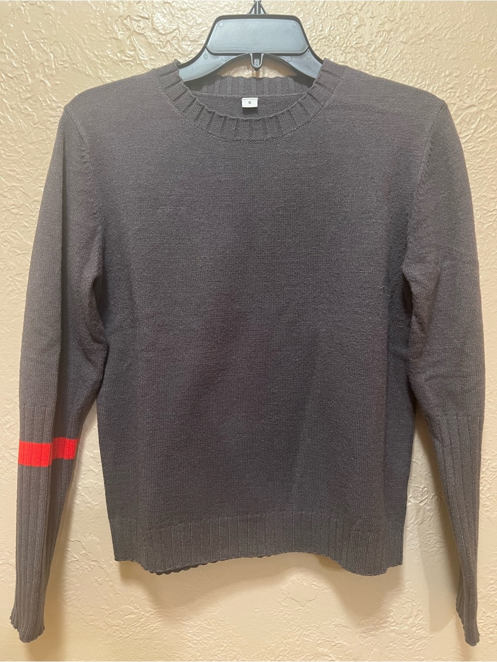 Women’s Dark Gray Crewneck Sweater with Red Sleeve Stripe